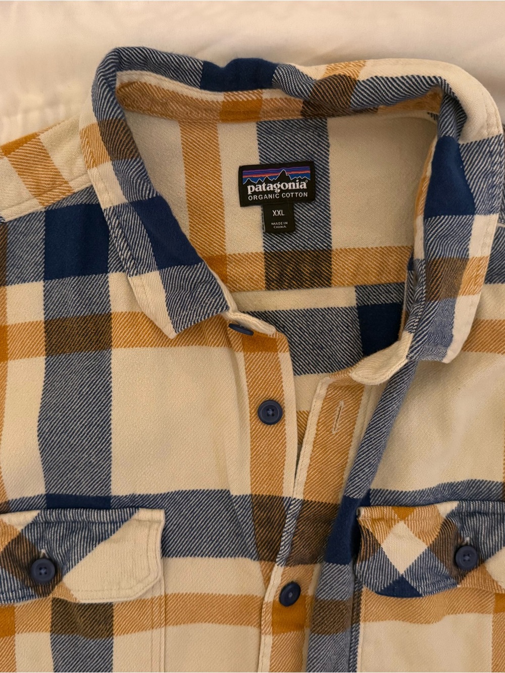 Patagonia Men's Plaid Flannel Shirt  - Navy & Mustard Over Cream